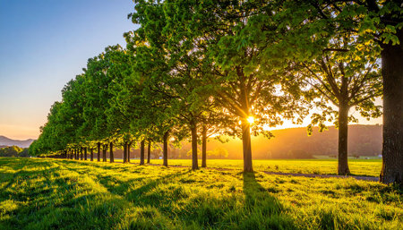 Sunset in the countryside of Bavaria, Germany. The sun is shining through the trees.の素材