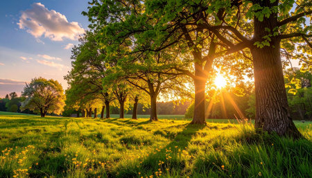 Sunset in the oak grove. Spring landscape with sunbeams.の素材
