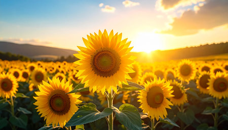 Sunflower field at sunset. Beautiful landscape of sunflower field at sunset.の素材