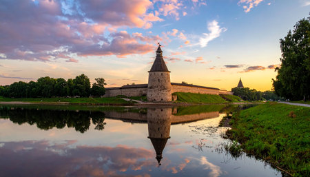 Panoramic view of the Novgorod Kremlin at sunset, Russiaの素材