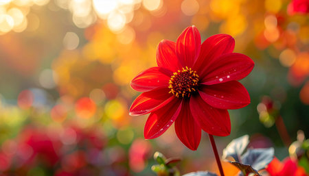 Red dahlia flower in the garden with bokeh backgroundの素材
