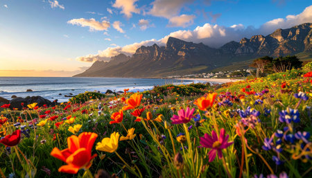 Sunset over the sea with colorful flowers and mountains in the backgroundの素材