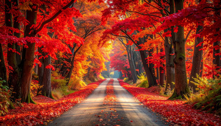 Beautiful autumn landscape with road and colorful trees in the park.の素材