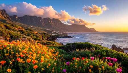 Poppies in the foreground at sunset, Cape Town, South Africaの素材