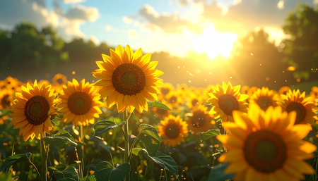 Sunflower field at sunset. Beautiful summer landscape with sunflowers.の素材
