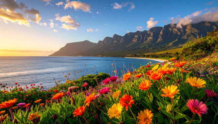 Colorful flowers in front of mountain range at sunset, Cape Town, South Africaの素材