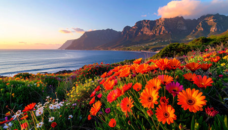 Colorful spring flowers on the sea coast in Cape Town South Africaの素材