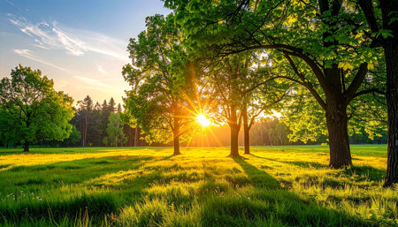 Sunset in the forest. Summer landscape with green meadow and treesの素材