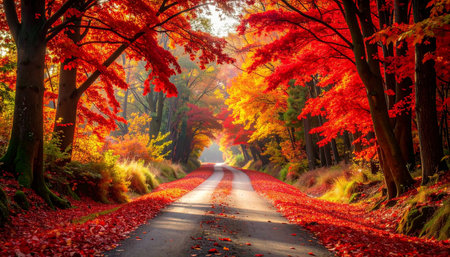 Autumnal road in the forest with colorful trees and red leavesの素材
