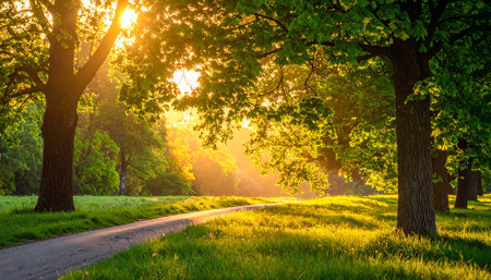 Sunset or sunrise in a summer park with green grass and treesの素材