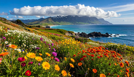 Panoramic view of the Atlantic Ocean with flowers and mountains in the backgroundの素材