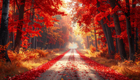 Autumn road in the forest. Beautiful autumn landscape with road.の素材