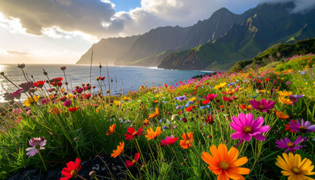 Colorful flowers at the coast of the island of Madeira, Portugalの素材