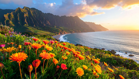 Beautiful sunset over the sea with flowers and mountains on the backgroundの素材