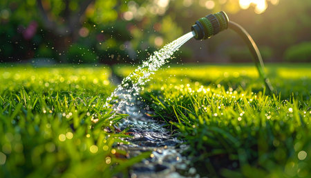 Sprinkler watering green grass in the garden at sunset time.の素材