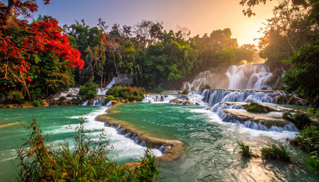 Huay Mae Khamin Waterfall in Kanchanaburi, Thailandの素材