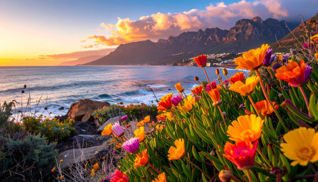Beautiful sunset over the sea with colorful flowers in foreground, Cape Town, South Africaの素材
