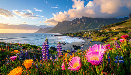 Cape Town, South Africa. Colorful blooming flowers in the foreground.の素材