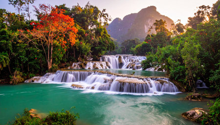 Huay Mae Khamin waterfall in Kanchanaburi, Thailandの素材