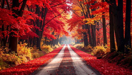 Beautiful autumn landscape with road in the forest. Fall season.の素材