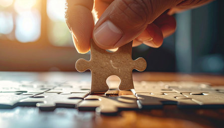 Close up hand of businesswoman connecting jigsaw puzzle on wooden tableの素材