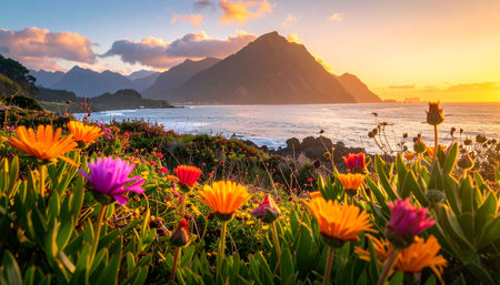 Colorful flowers at sunset on the Pacific Coast of California, USA.の素材