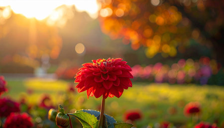 Beautiful red dahlia flower in the garden at sunset.の素材