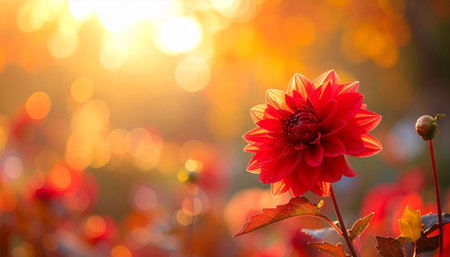 Beautiful red dahlia flower in the garden at sunrise.の素材
