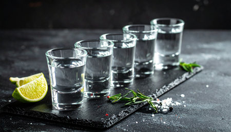 Tequila shot with lime, salt and rosemary on black backgroundの素材