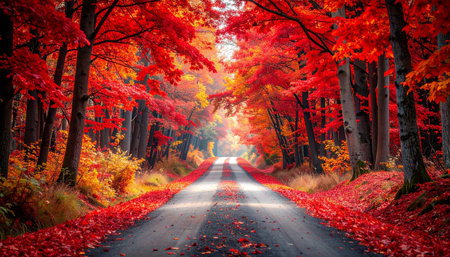 Beautiful autumn landscape in the forest with road and red leaves.の素材