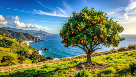 Orange tree on the coast of Madeira island, Portugal. Beautiful summer landscape.の素材