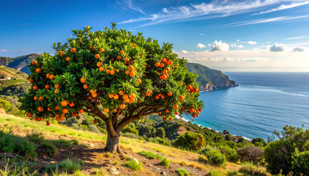 Tangerine tree on the coast of the island of Sicily, Italyの素材