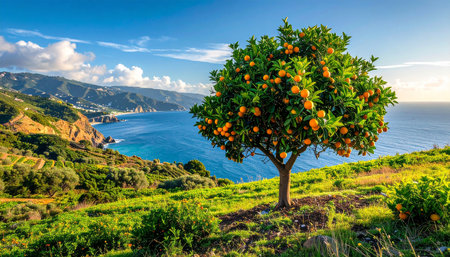 Tangerine tree on the coast of Madeira island, Portugalの素材