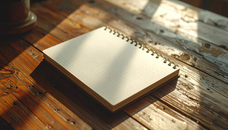Blank notebook on wooden table with sunlight. Mockup for designの素材