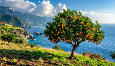 Tangerine tree on the coast of Madeira island, Portugalの素材