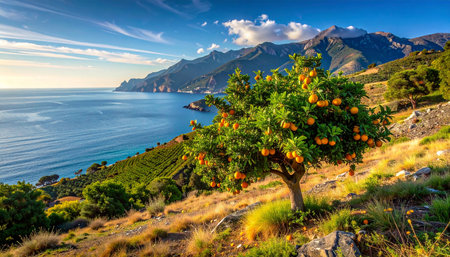 Ripe oranges on a tree on the background of the sea and mountainsの素材
