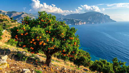 Orange tree on the coast of the Tyrrhenian Sea, Italyの素材
