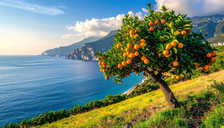 Tangerine tree on the coast of the Cinque Terre, Italyの素材
