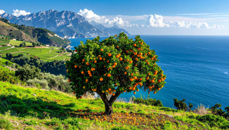 Orange tree on the background of the sea and mountains. Tuscany, Italyの素材