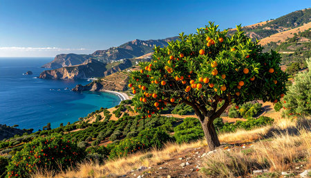 Orange tree on the coast of the island of Santorini, Greeceの素材
