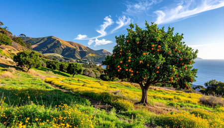 Orange tree on the hillside with flowers and mountains in the backgroundの素材