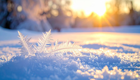 Frosty natural background with snowflakes and sun rays.の素材