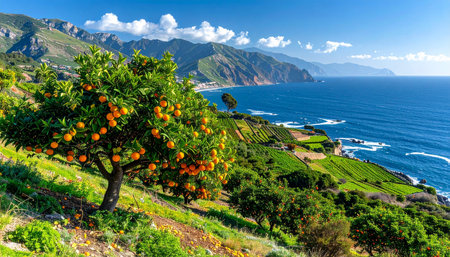 Ripe tangerine tree on the background of the sea and mountainsの素材