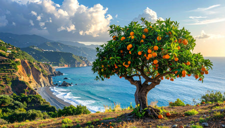 Tangerine tree on the coast of Cinque Terre, Italyの素材