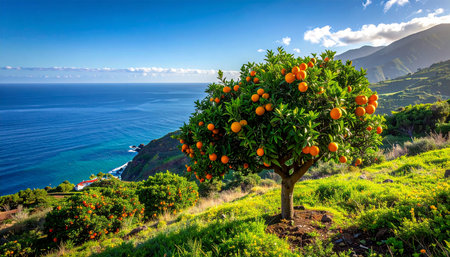 Ripe orange tree on the coast of Madeira island, Portugalの素材