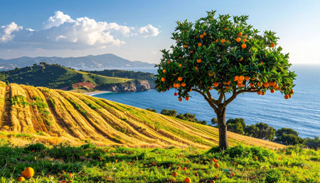 Rural landscape with orange tree and sea in Sicily, Italy.の素材