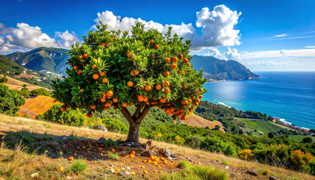 Tangerine tree on the background of the sea, Sicily, Italyの素材