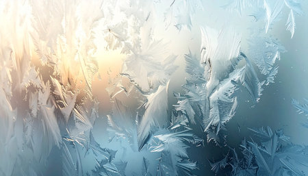 Frosty natural pattern on winter window glass. Abstract background for designの素材