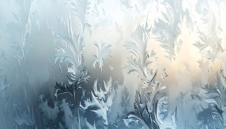 Frosty natural pattern on winter window glass as an abstract backgroundの素材