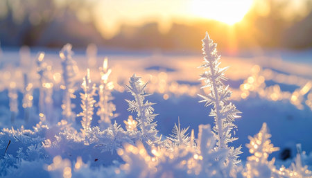 Frosty grass on the background of the setting sun in winterの素材